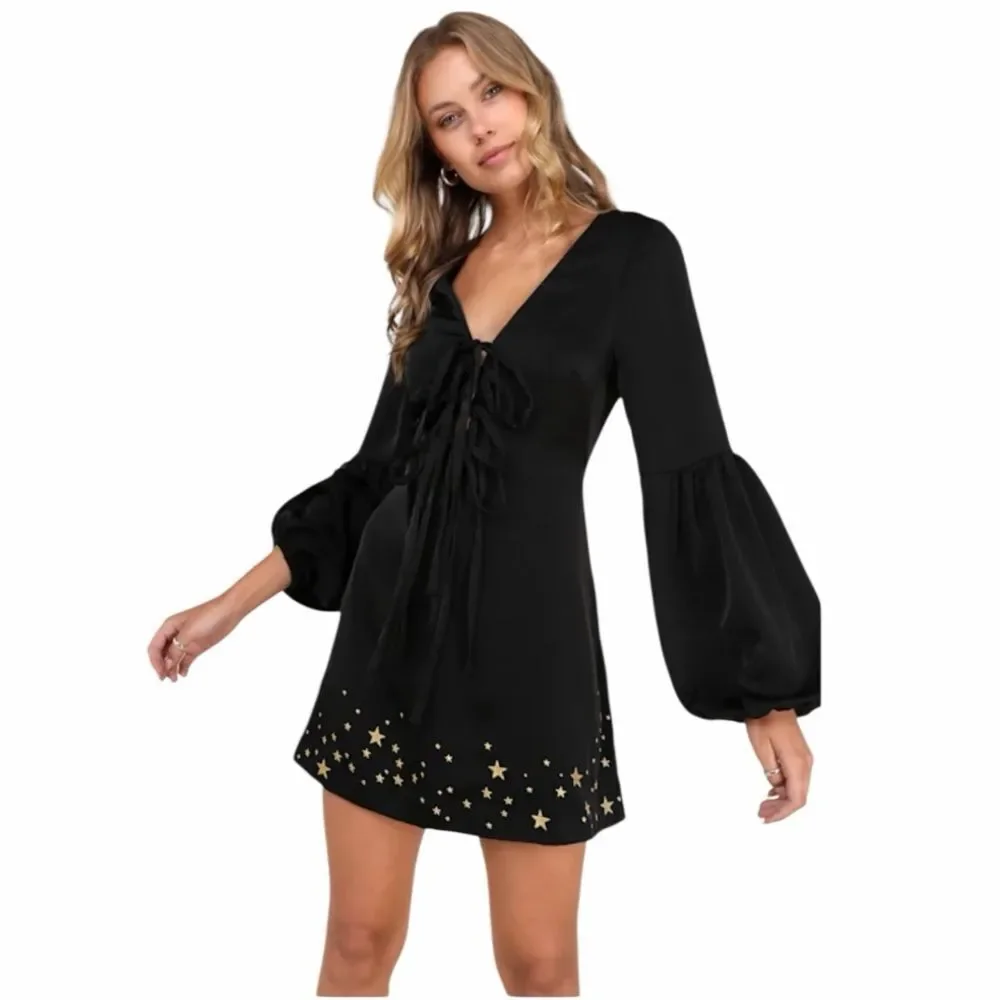 Stoned Immaculate Black Dress with Gold Star Embroidery Size S